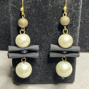 Chicos Faux Pearl and Black Ribbon, Gold Encrusted Bead Dangle Earrings